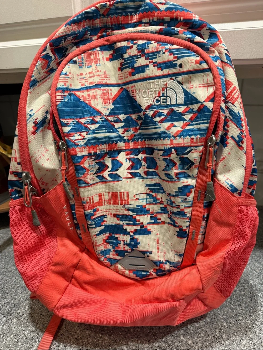 The North Face Coral & Blue Patterned Vault Backpack Padded Shoulder Straps